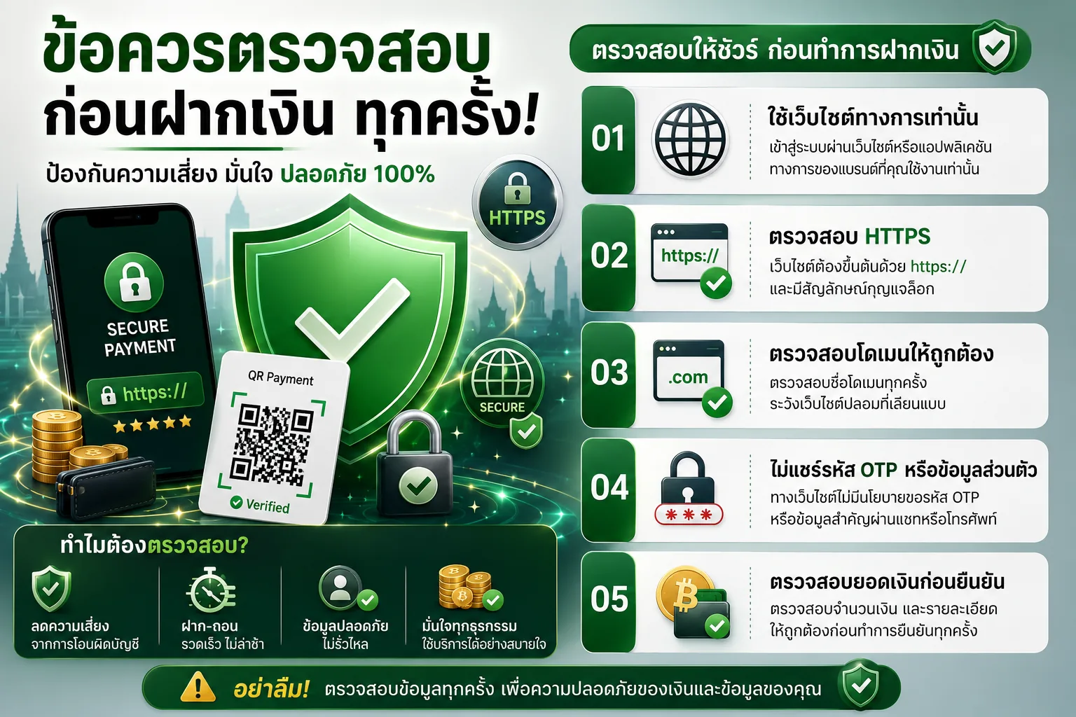 ข้อควรตรวจสอบก่อนฝากเงิน โดเมน HTTPS OTP